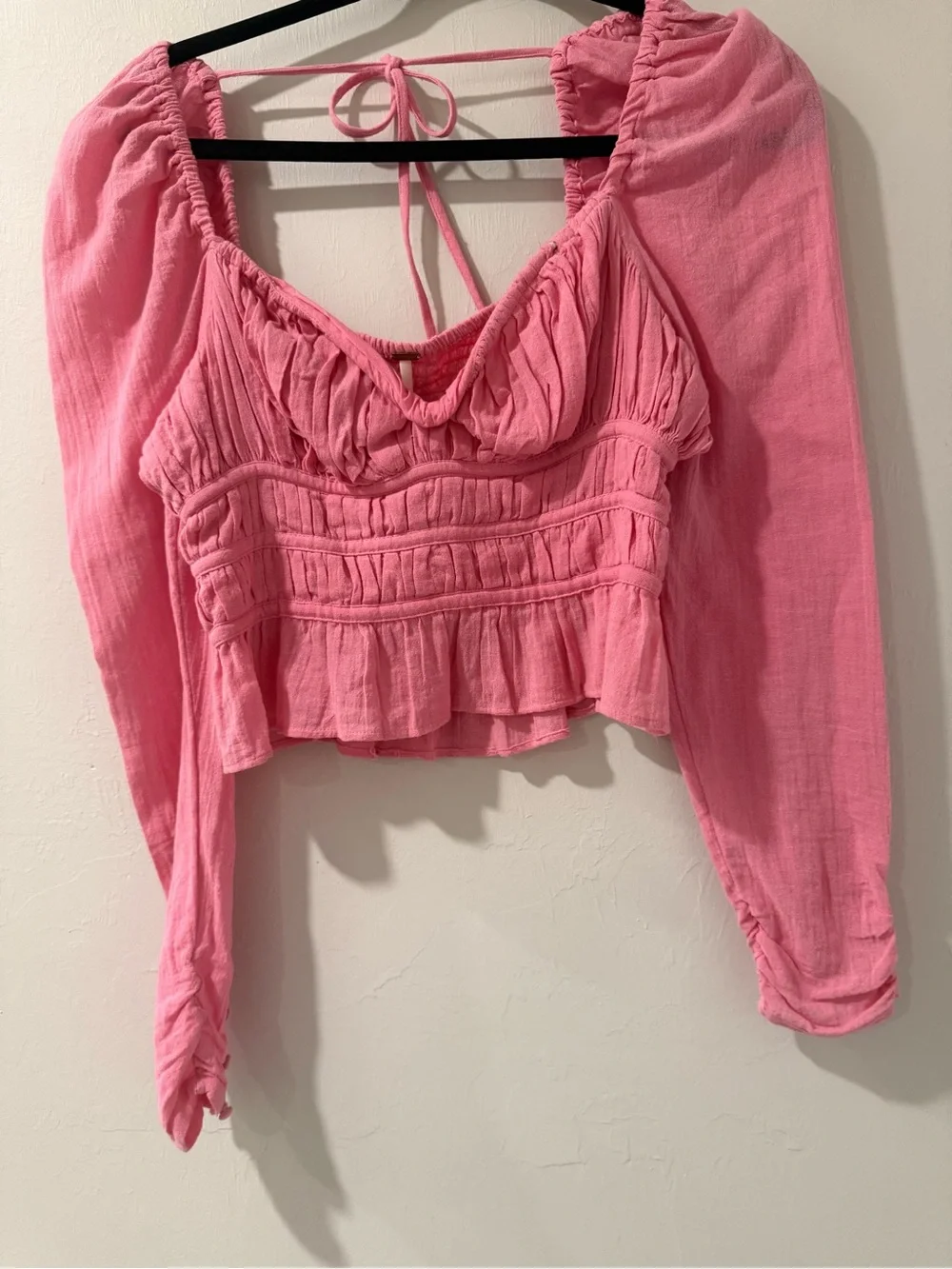Free People Pink Smocked Peplum Long-Sleeve Top NWT